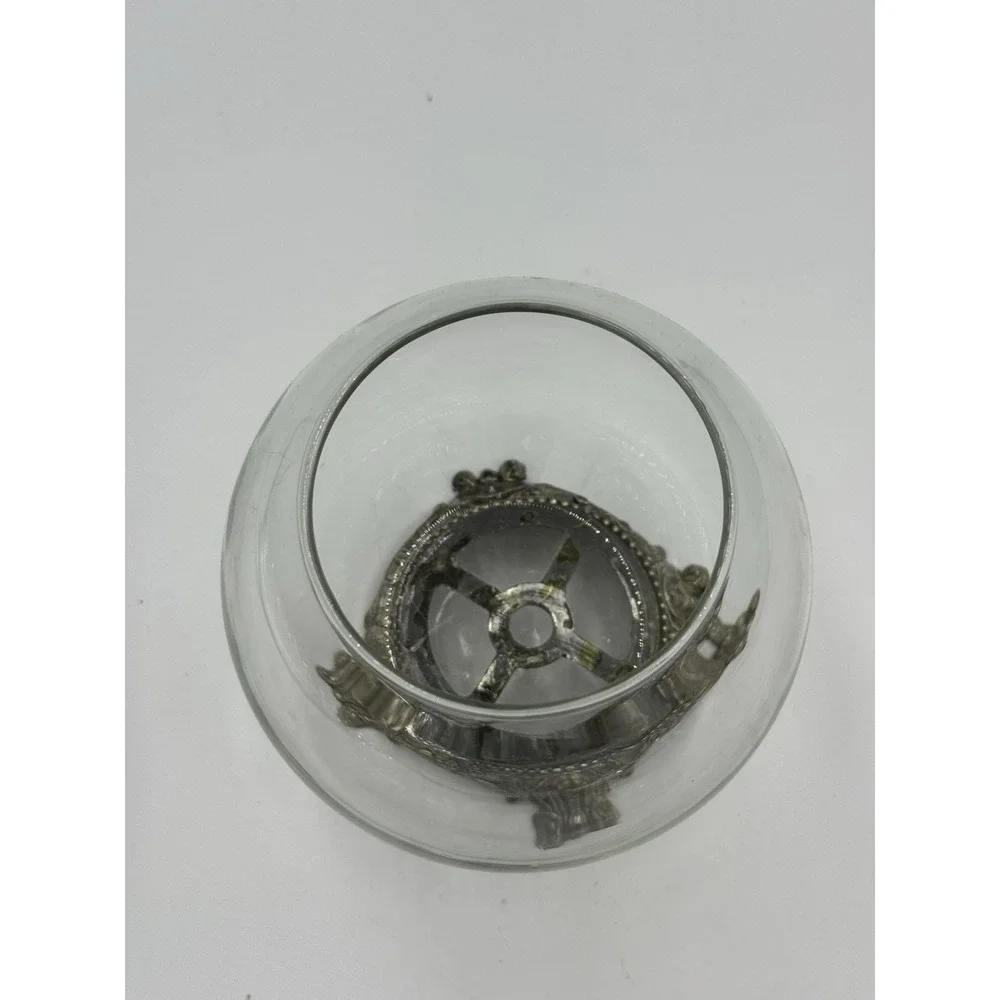 Vintage Glass Clear Fish Bowl Ornate with Metal Base Pedestal 5.5